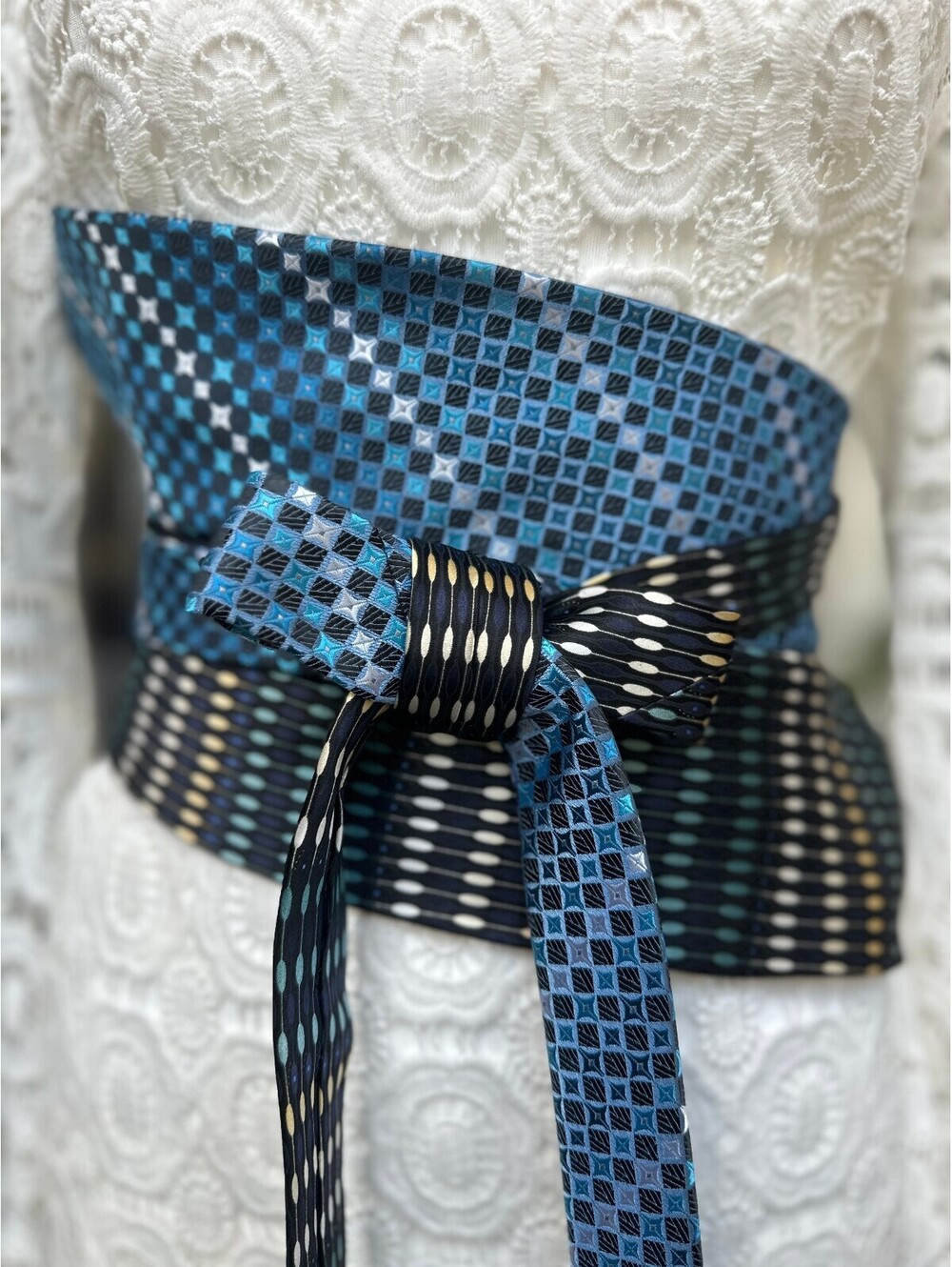 Geometric Patterned Upcycled Silk Obi Belt | Corset Waist Cinching| OOAK | OS